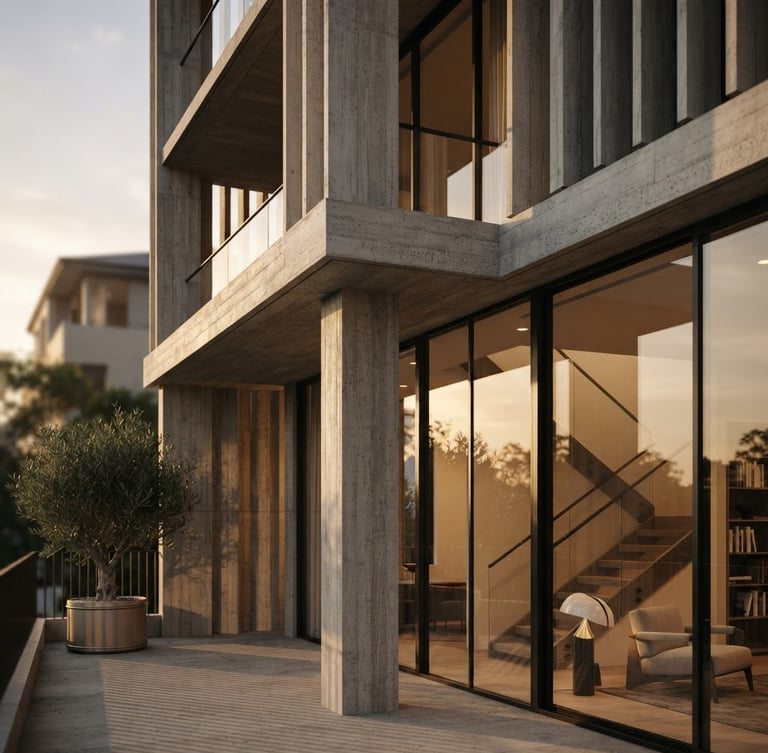 Elegant contemporary concrete and glass architectural facade, soft sunset daylight casting long shadows, sophisticated neutral tones, shallow depth of field