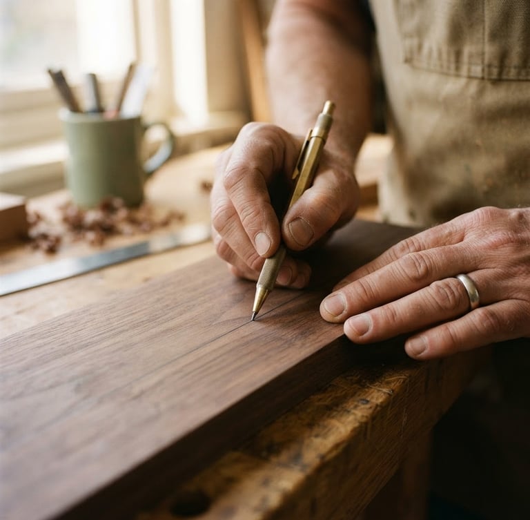 A tight macro shot of hands marking a walnut timber plank with a brass pencil under soft natural window light, shallow depth of field, warm editorial photography style.
