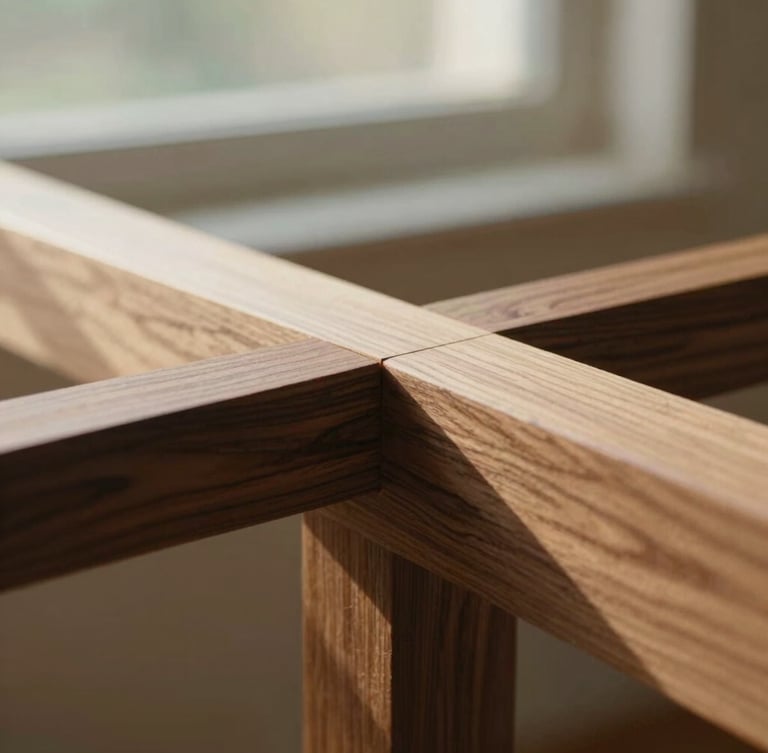 Close-up of a hand-planed walnut joint fitting perfectly together, soft afternoon sun highlighting the natural wood grain, warm editorial style.