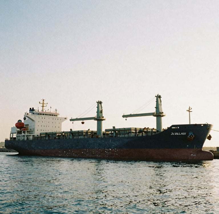 Wide-angle documentary film photography of a massive cargo vessel docked at Jebel Ali port in Dubai, natural harsh midday sunlight casting deep shadows, towering green cranes, authentic grain, high contrast.