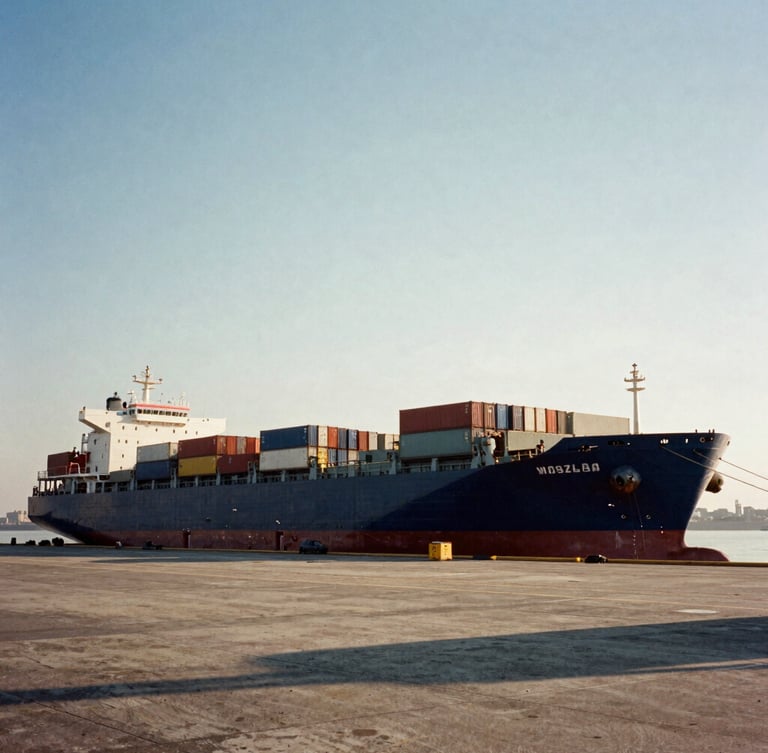 Wide-angle documentary film photography of a massive cargo vessel docked at a modern container port, harsh morning sunlight casting deep shadows, high contrast, earthy tones.