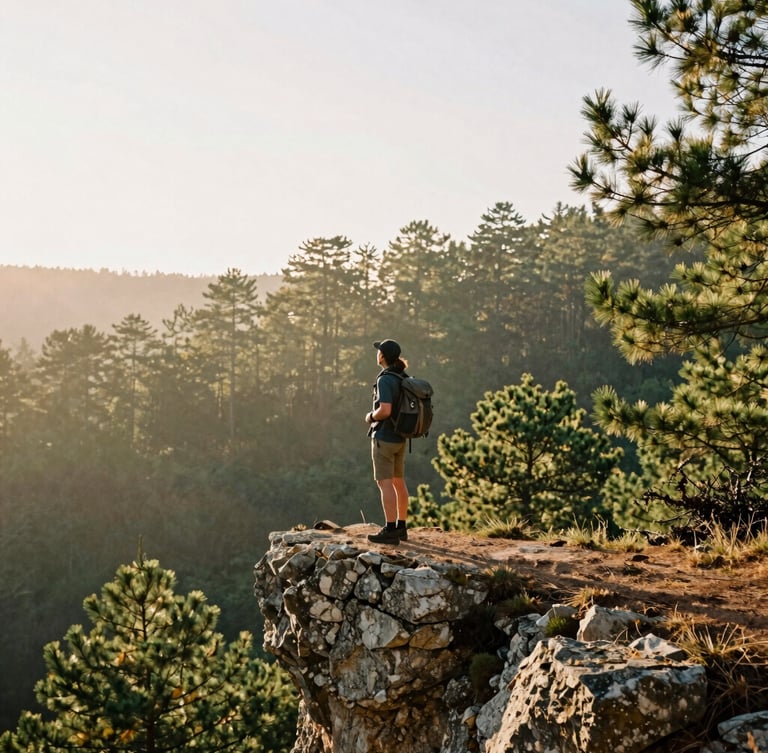 Wide environmental portrait of a travel writer with a backpack standing on a cliff edge overlooking a misty pine forest in northern Spain, golden hour light, 35mm film grain