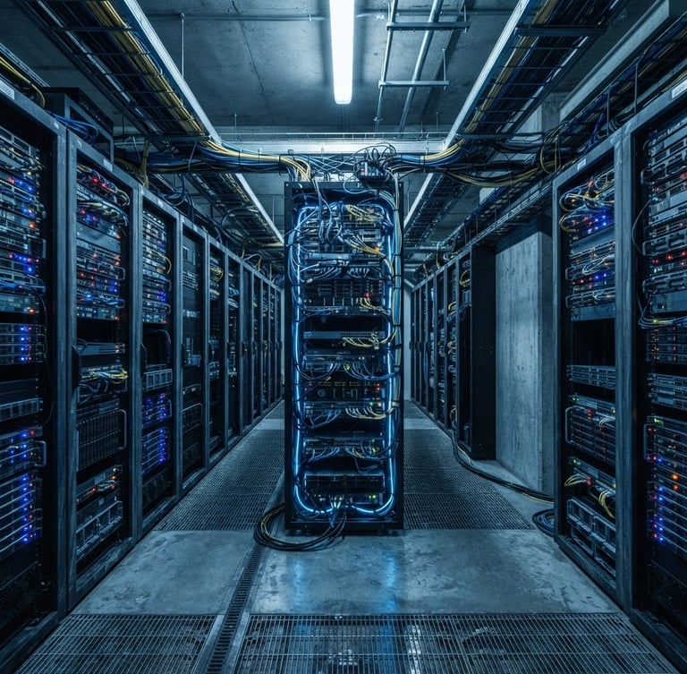 Stark technical server node, glowing blue lines, cold fluorescent lighting, wide-angle architectural lens, deep desaturated blue and slate tones.