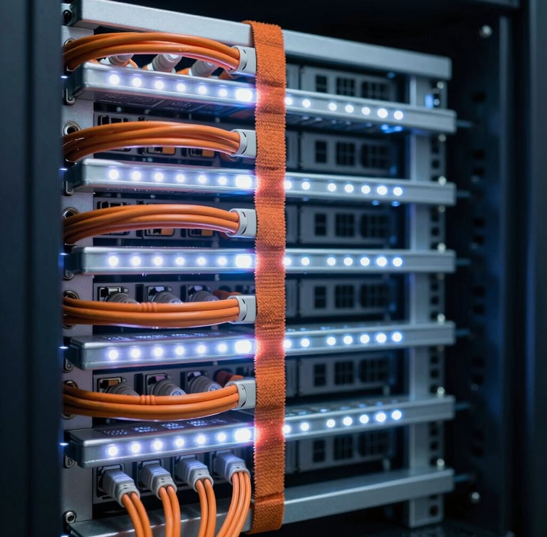 Straight-on perpendicular shot of a perfectly organized server cabinet, orange fiber optic cables neatly bundled with hook-and-loop straps, cool white LED data center lighting, macro detail