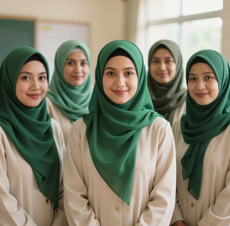 Warm group portrait of Muslimah teachers in coordinated elegant green hijabs standing inside a bright classroom, smiling gently, warm editorial photography, 35mm