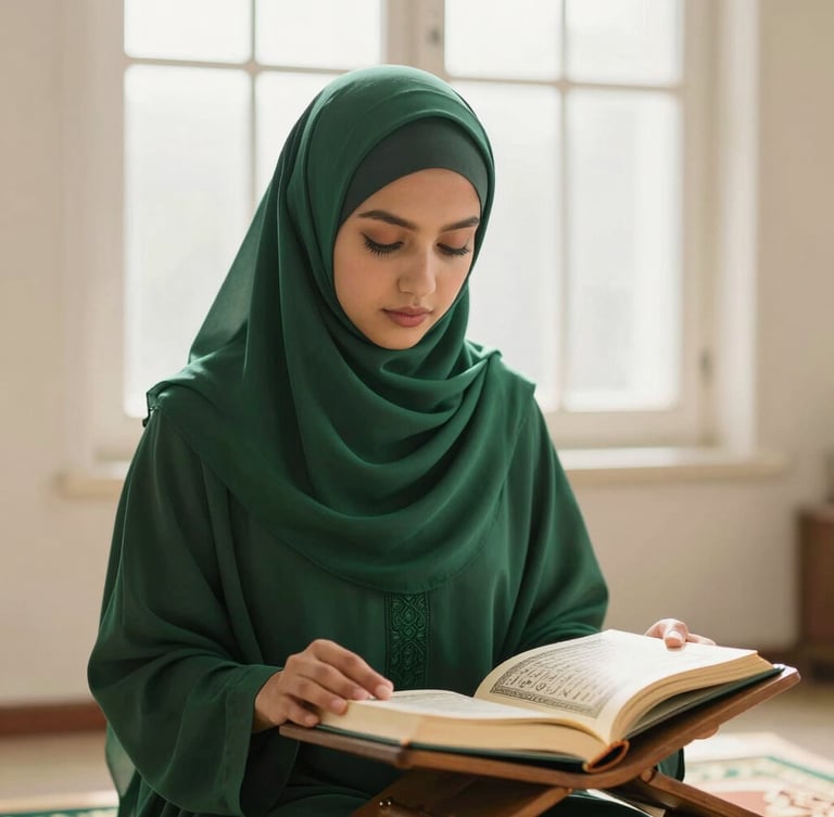 Serene Muslimah student in elegant deep emerald green hijab studying an open Mushaf Al-Qur'an on a wooden rehal, soft morning window light, warm editorial photography, 35mm
