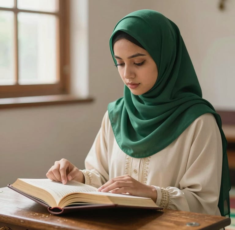 Warm editorial photography of a young Muslim woman in elegant emerald hijab reading an open Quran on a wooden rehal, soft natural window light, shallow depth of field.
