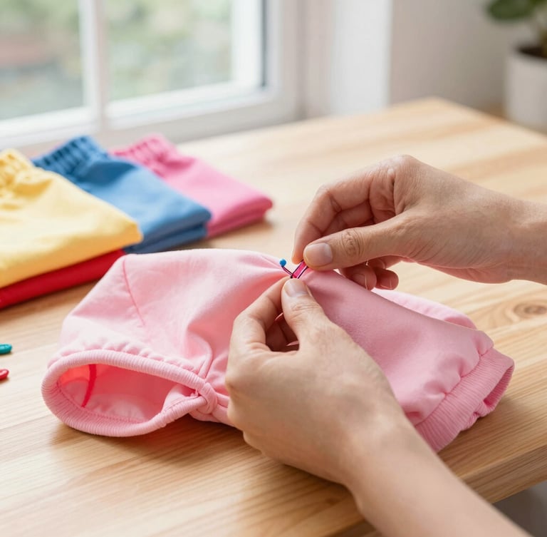 Close up of artisanal hands carefully stitching a colorful pink pet hoodie on a clean wooden table, natural window light, vibrant fabrics in background