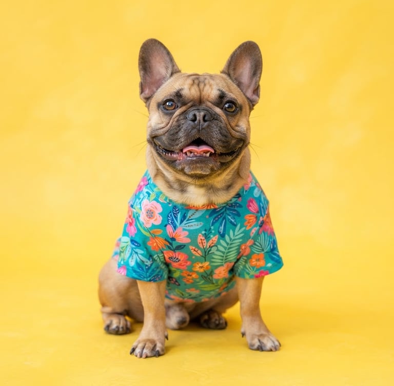 Vibrant pet photography of a happy French Bulldog wearing a custom-fit colorful teal shirt, sitting comfortably on a bright cheerful yellow studio background, sharp focus