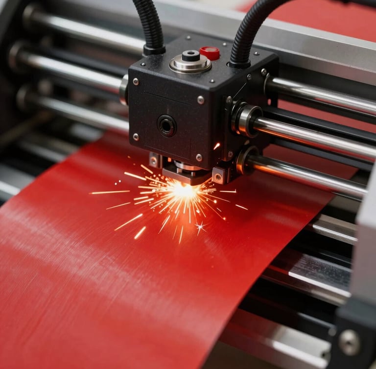 Macro close-up of a high-speed vinyl plotter feeding bright red material, sharp mechanical details, sparks of static.