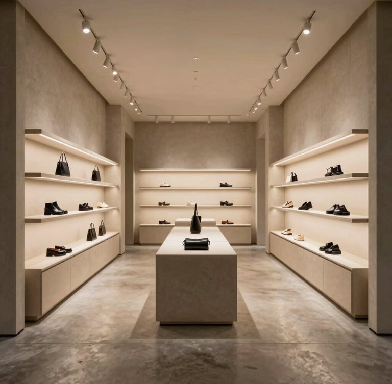Symmetrical architectural shot of a luxury retail store interior, warm spotlighting on clean display units, polished concrete floor, premium minimalist design.