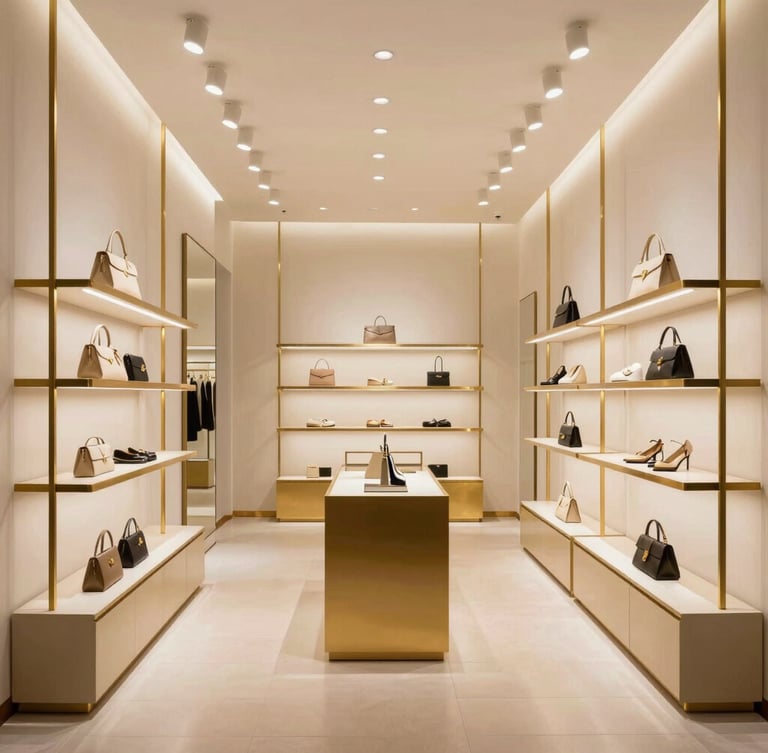 Polished high-end retail store interior with gold accents and warm spotlights, perfectly aligned geometric framing