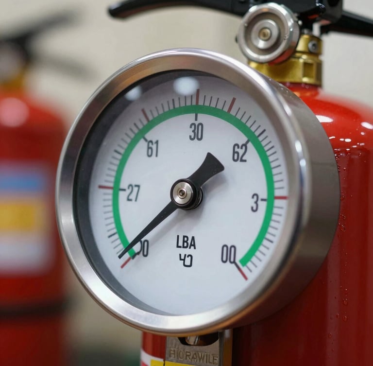 Close-up of a high-contrast industrial fire extinguisher pressure gauge showing the needle in the green zone, clean workshop background, technical lighting.