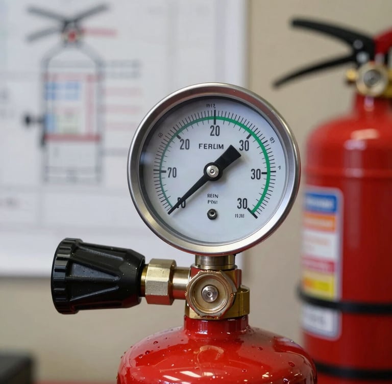 Close-up of a professional pressure gauge on a clean industrial fire extinguisher, sharp focus on the green zone of the dial, natural workshop lighting, technical blueprint textures in the background.