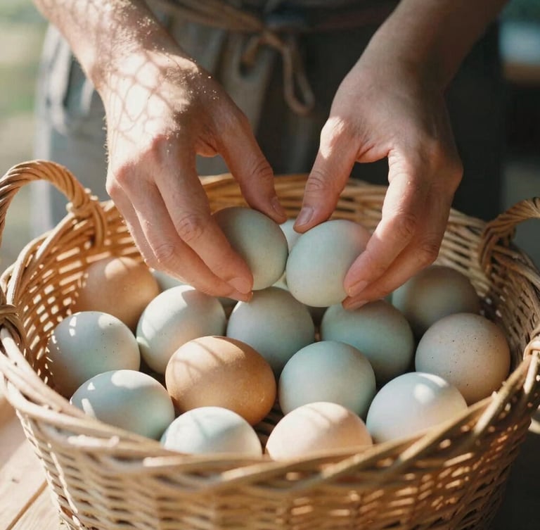 Hands gathering pale blue and brown heritage eggs in a woven wicker basket, sun-dappled morning light filtering through coop mesh, warm organic tones, 35mm film.