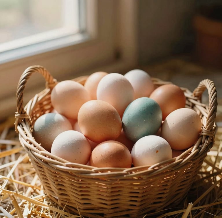A wicker basket filled with freshly gathered colorful heirloom eggs sitting in dappled coop light on a bed of straw, warm rustic tones, 35mm film.