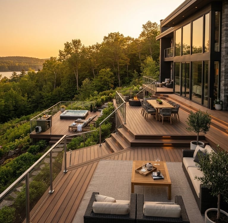 Architectural wide-angle shot of a luxury multi-level composite deck with modern outdoor furniture, warm golden-hour sunlight, rich natural wood tones, clean lines, sharp focus, 35mm