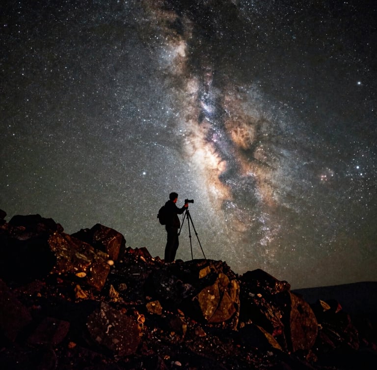 A photographer standing next to a tripod on a dark, rocky ridge under a massive, clear Milky Way galaxy, deep contrast, natural starlight, cinematic 35mm film aesthetic.