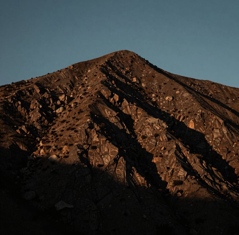 A vertical portrait of a rugged mountain peak on the California Central Coast during the blue hour, low-key cinematic lighting, high-contrast shadows.