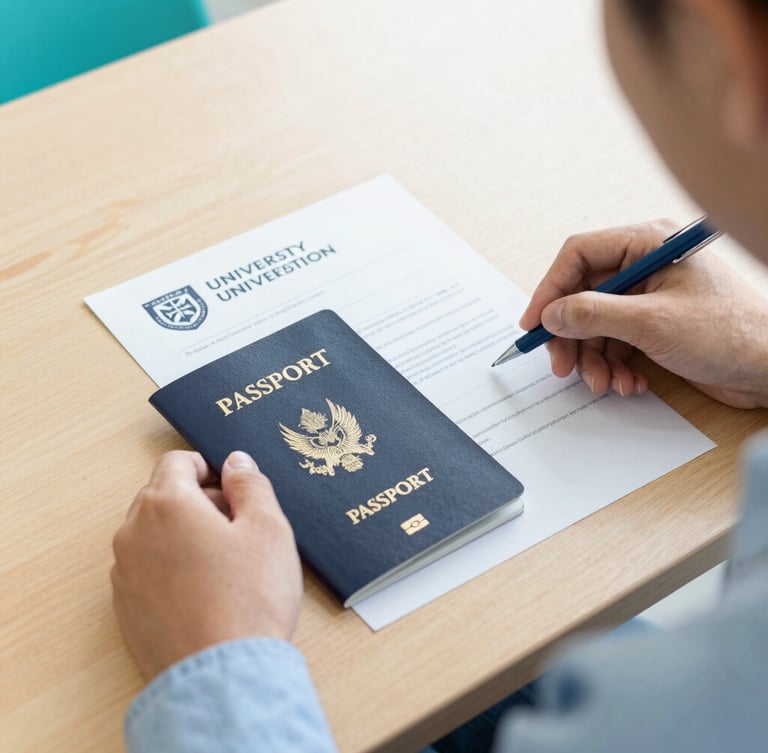 A close-up of a student's hands reviewing a passport and an official university acceptance letter on a clean wooden desk, soft natural light, teal accents