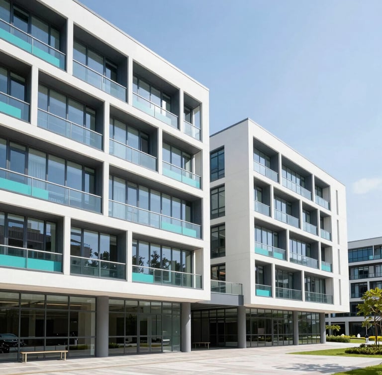Bright architectural shot of a modern global university campus building, clean lines, optimistic daylight, professional editorial photography