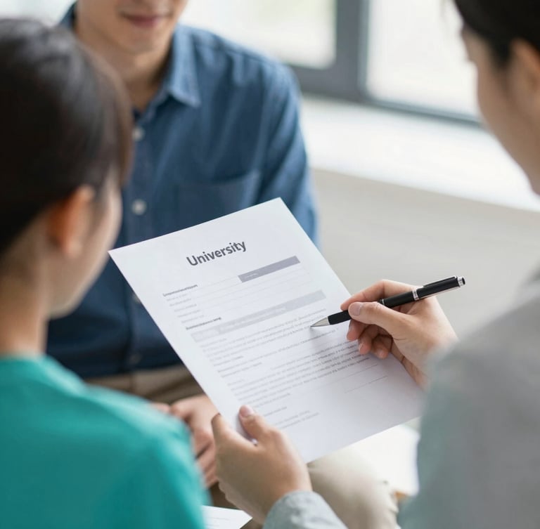 Close-up of a student in a bright, natural daylight consultation with a professional counselor, reviewing university acceptance letters, 35mm lens, crisp teal accents