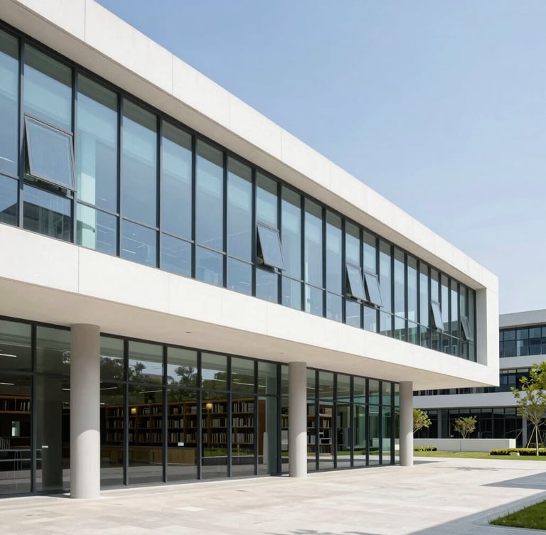 Modern architectural campus library with clean lines and large glass windows, bright daylight, professional composition, 35mm lens