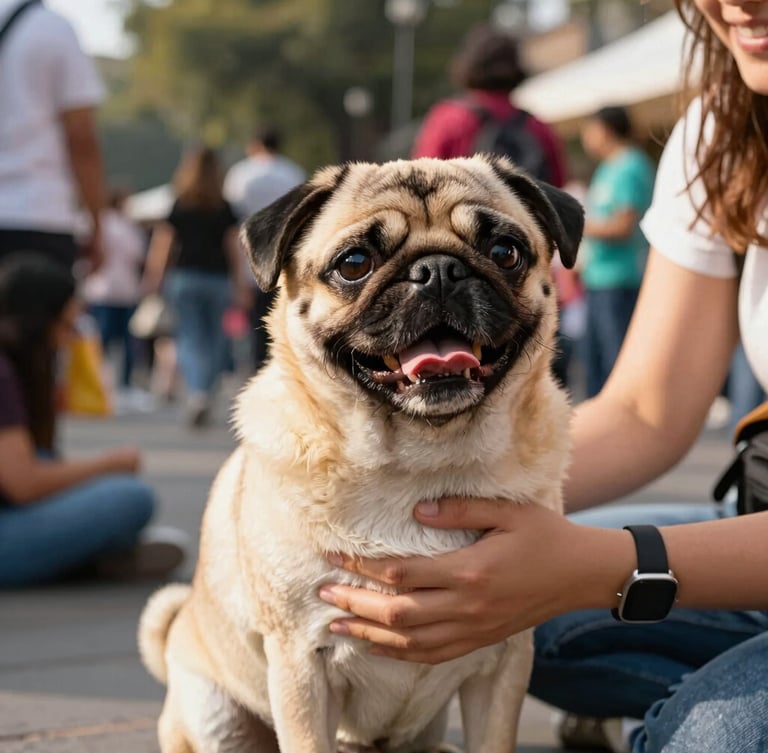 A happy pug being gently held by its owner during a community outdoor meetup in Mexico City, bright natural daylight, warm editorial style