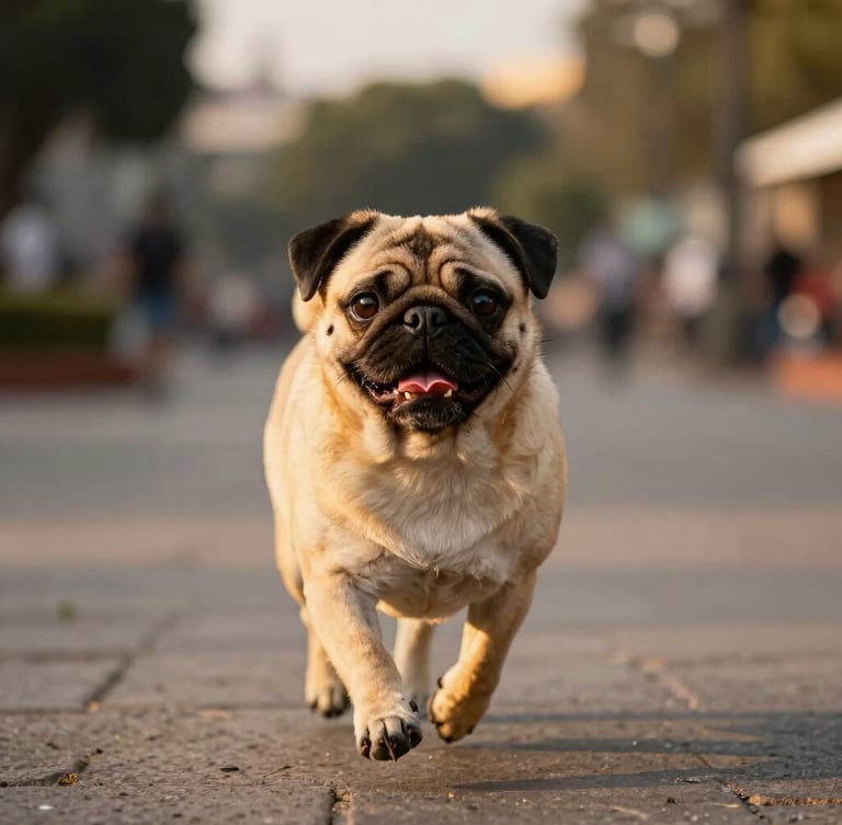 Un pug arena feliz corriendo en el pasto hacia la cámara, luz natural cálida de atardecer en un parque de la CDMX, retrato nítido a nivel de piso con fondo desenfocado