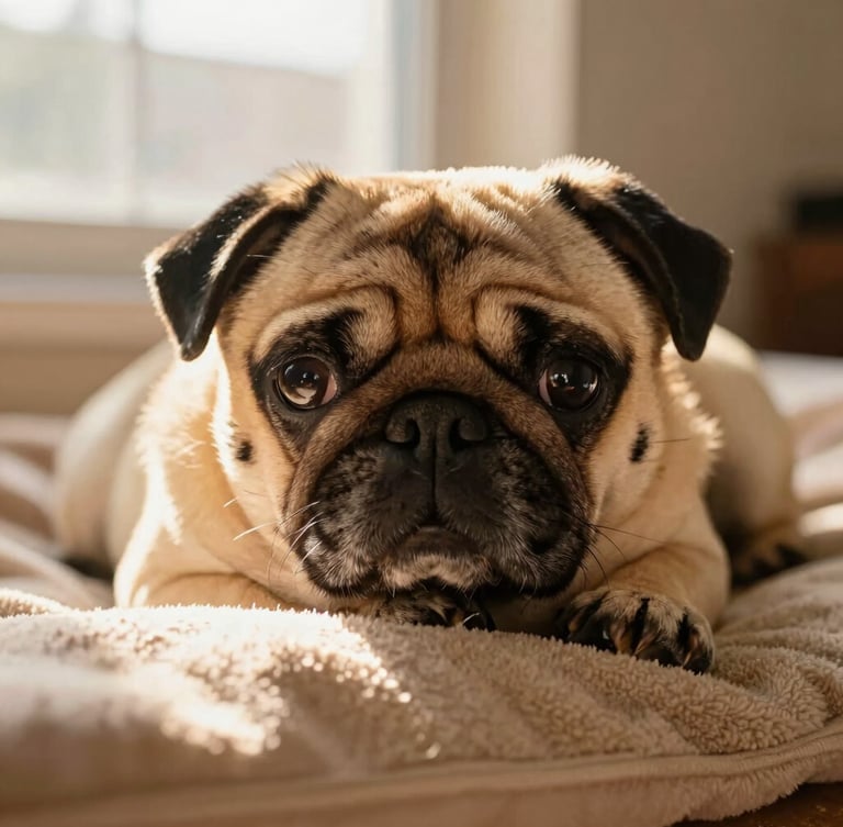 Eye-level portrait of a healthy fawn pug resting its chin on a soft beige blanket, warm golden-hour daylight streaming from a window, highlighting its clear eyes and clean facial wrinkles, shallow depth of field, 35mm photography