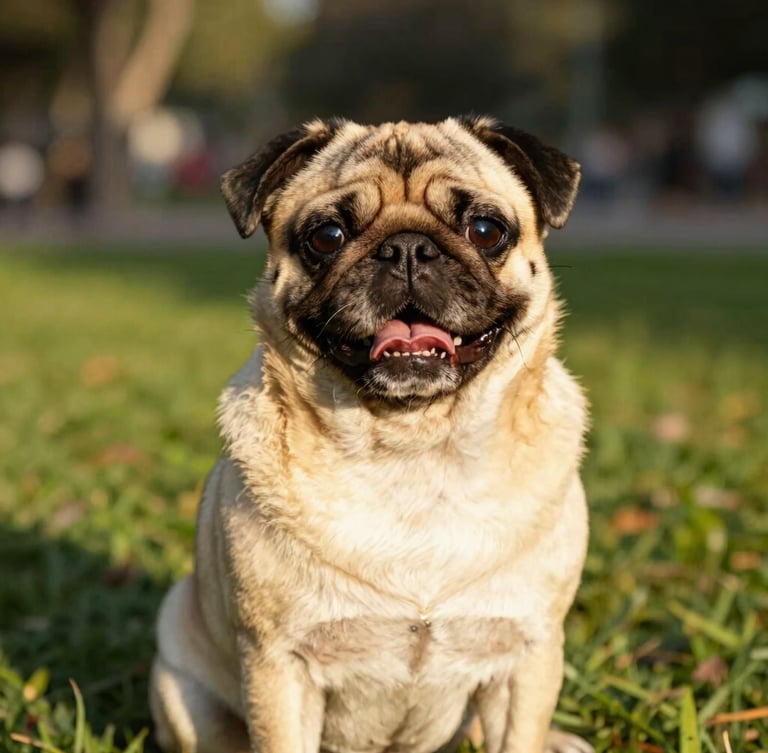 Warm editorial portrait of a healthy happy pug with clean wrinkles, sitting proudly in a sunlit CDMX park, eye-level shot, natural golden-hour daylight, shallow depth of field