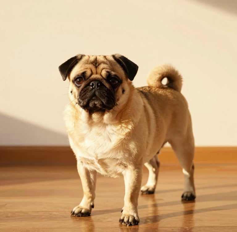 Full-length editorial portrait of an elegant pug standing on a warm wooden floor, soft golden-hour light from the side, clean minimalist background, 35mm