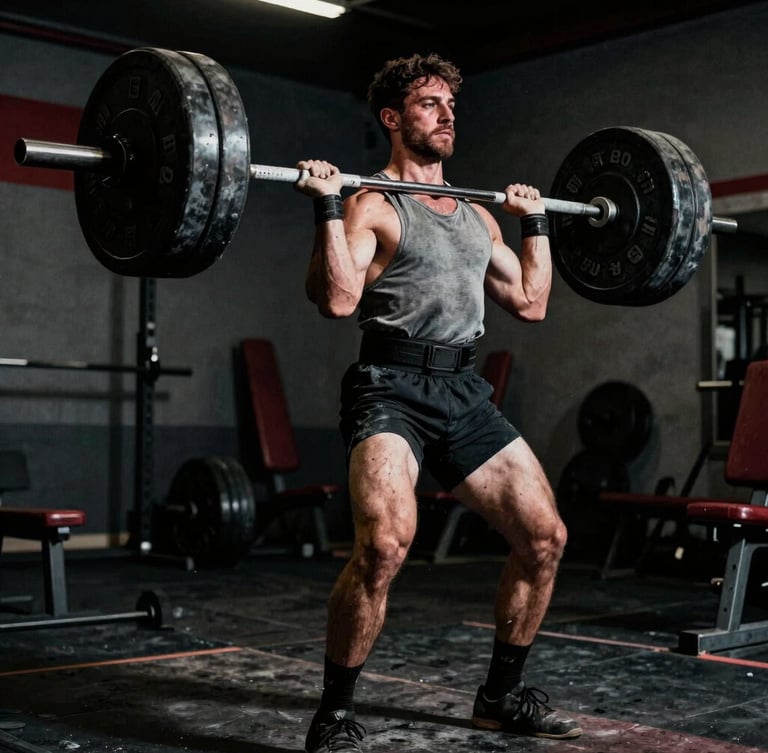 Gritty high-contrast photograph of a male athlete lifting heavy iron, deep shadows, sharp highlights, raw physical effort, 35mm film grain