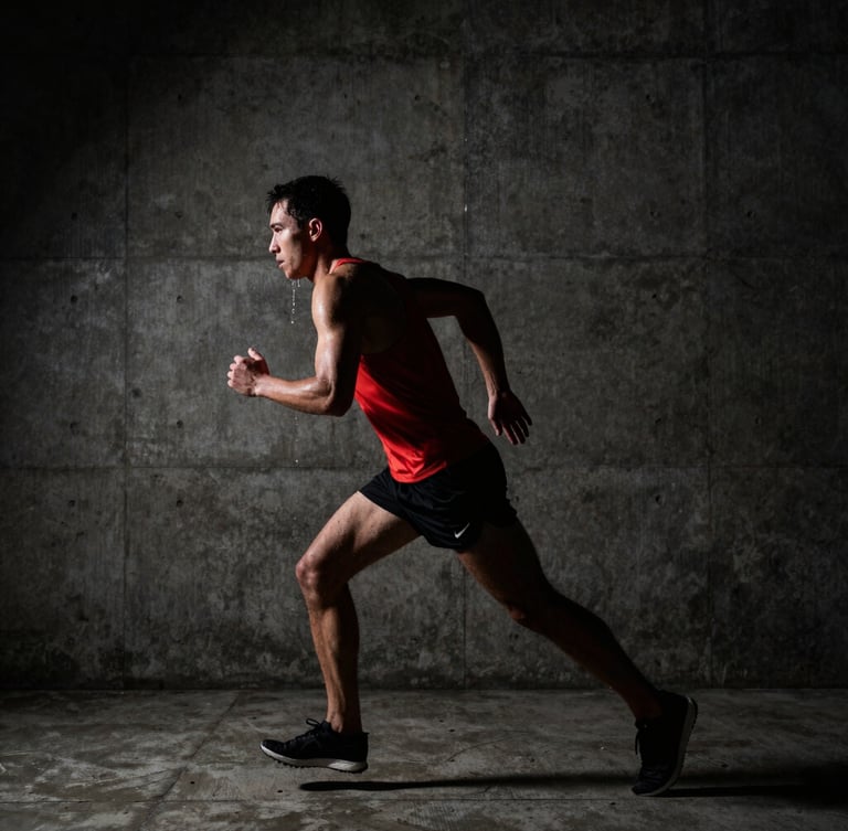 Low-key high-contrast side profile of a male athlete running in a dark brutalist concrete space, sweat dripping, dramatic highlights, deep shadows, raw physical effort