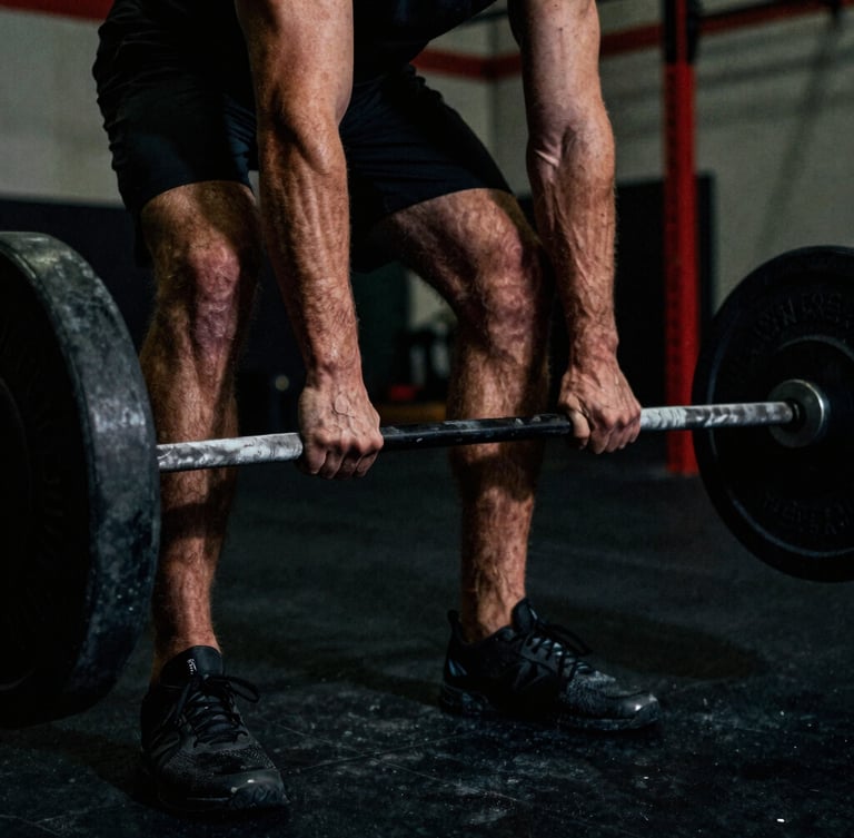 Close-up dramatic low-key shot of a male athlete hands gripping a heavily loaded chalked barbell in a dark warehouse gym, deep shadows, intense physical effort, 35mm film grain