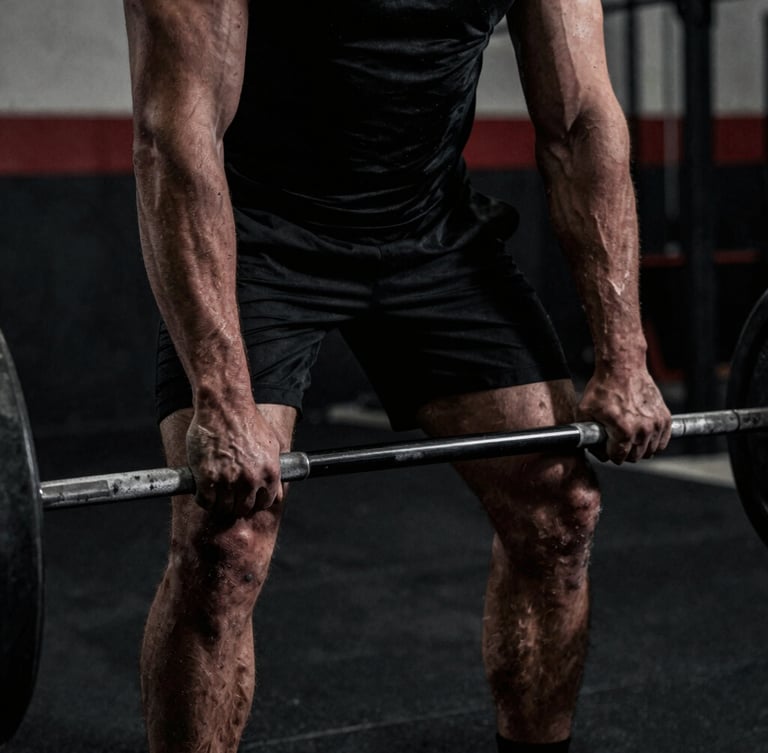 Close-up of a male athlete's chalked hands gripping a heavy steel barbell, dramatic low-key lighting, deep shadows, gritty gym environment, high-contrast monochrome tones with a hint of red.