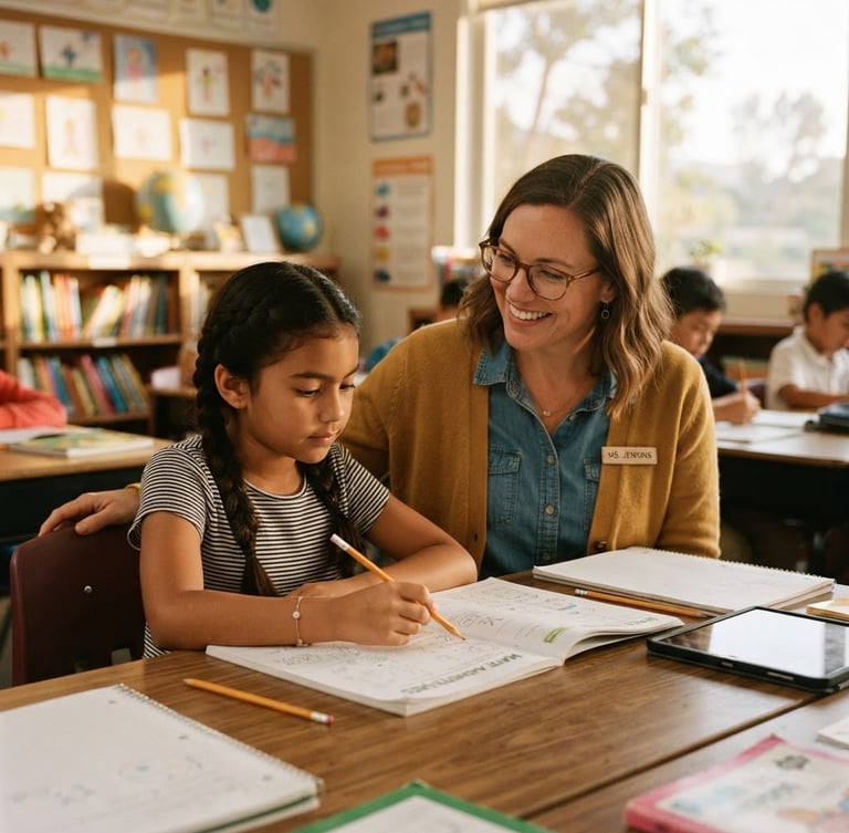 Environmental portrait of a local educator working with a student, warm golden-hour sunlight illuminating a classroom in Irvine, 35mm editorial photography.