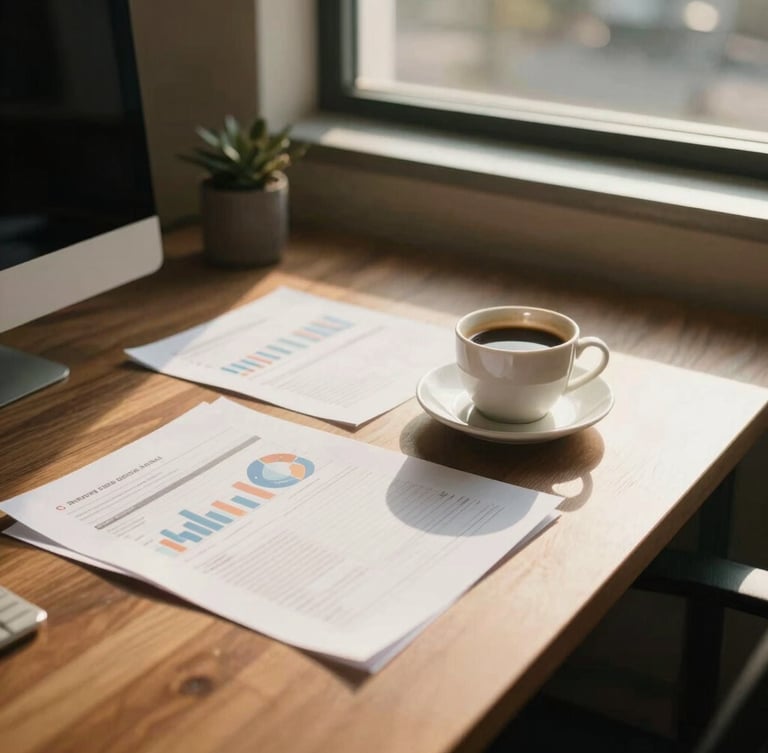 A clean, modern office desk in Irvine with printed financial reports, a warm cup of coffee, soft morning light filtering through a window, 35mm.