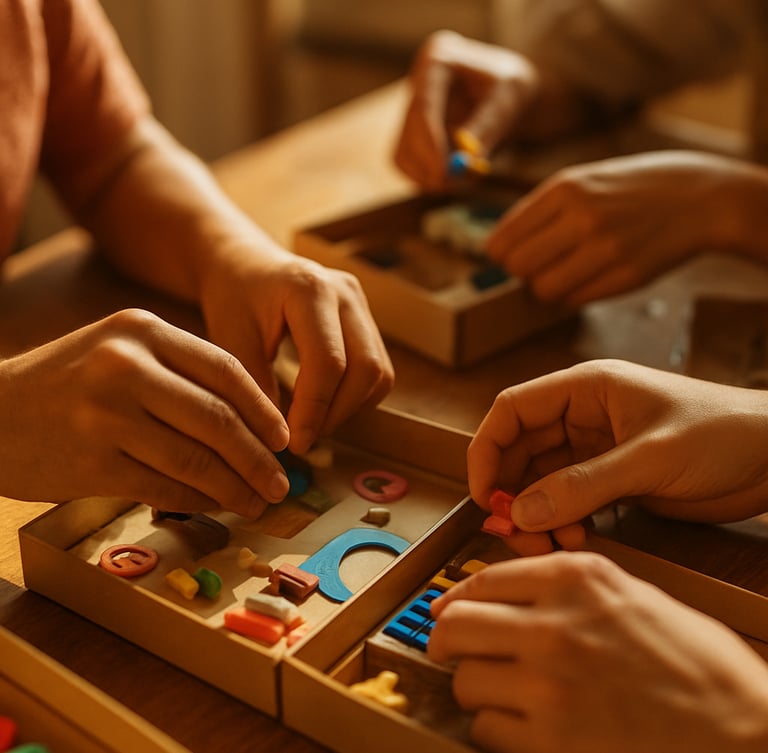 Close-up of hands working together to assemble educational kits in a bright, sunlit room, shallow depth of field, natural warm tones.