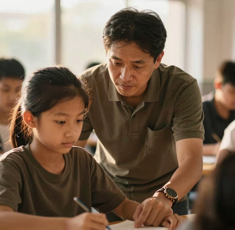 A medium close-up of a mentor guiding a young student during an educational session, natural golden-hour sunlight, authentic connection, 35mm
