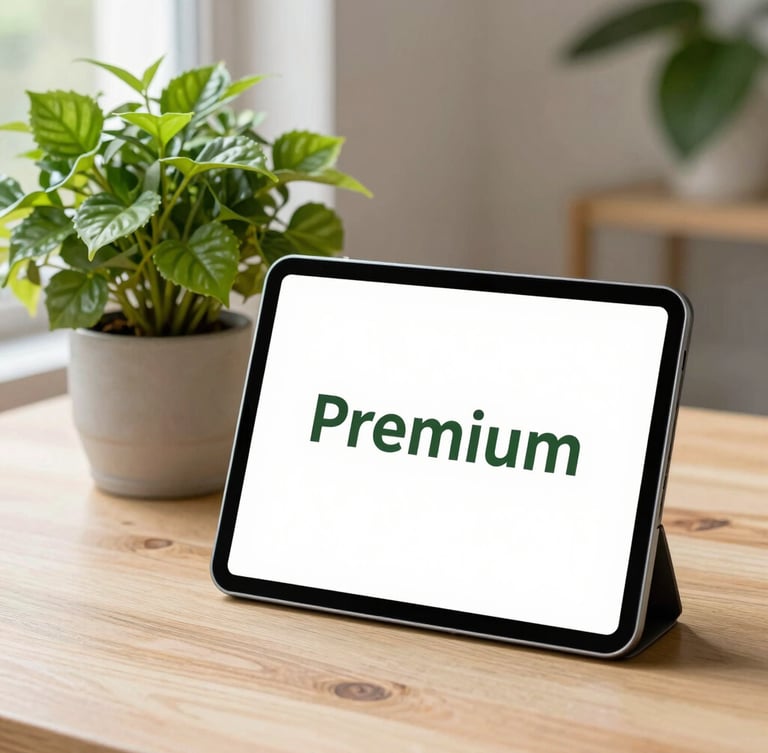 Premium digital ebook mockup displayed on a modern tablet screen next to a lush, vibrant green potted plant on a clean, light-colored wooden table, bright natural morning daylight, sharp focus