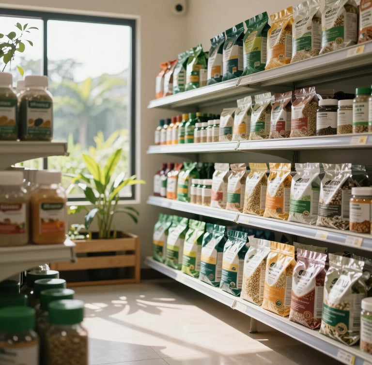 A bright, clean interior of a modern agricultural supply store in Indonesia, featuring neatly organized shelves of premium seeds and fertilizers, warm natural morning light streaming through large windows, sharp focus, professional photography.