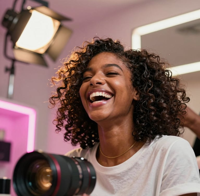 Low-angle dynamic shot of a young African actress laughing on set in a brightly lit hair salon, neon pink and yellow production lights reflecting in her hair, cinema lens visible in foreground