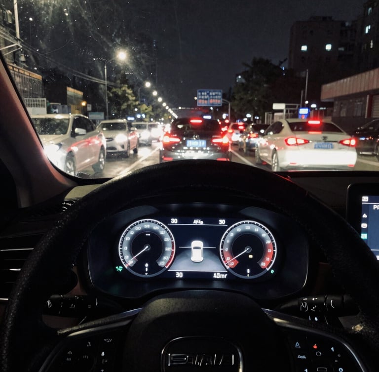 A premium vehicle dashboard displaying active ADAS telemetry overlays, navigating dense urban traffic at night with sharp headlight glare, desaturated industrial tones.