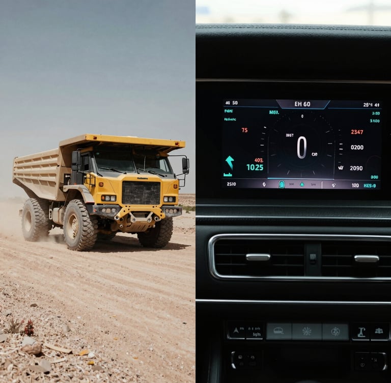Split-screen high-contrast telemetry view: a rugged commercial mining truck on dusty roads on the left, and a luxury vehicle dashboard displaying ADAS telemetry on the right, harsh daylight.
