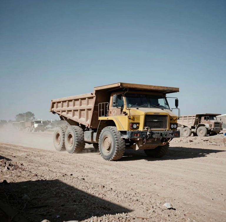 A heavy commercial mining truck navigating a dusty, unmapped road in an emerging market, harsh high-contrast daylight, deep shadows, gritty documentary style.