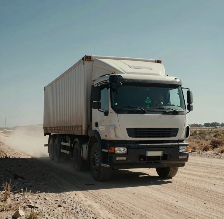 Low-angle wide shot of a heavy commercial truck driving through a dusty, unmapped rural corridor, harsh daylight, high-contrast shadows, telemetry vector overlays on windshield