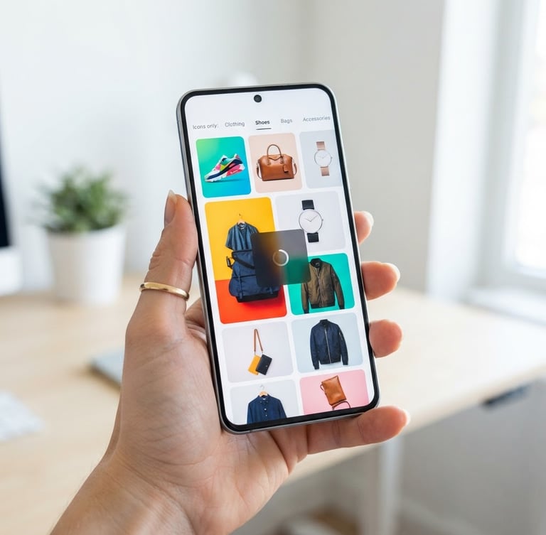 Clean high-contrast mockup of a mobile screen showing a fast-loading digital catalog, held by a hand in a bright minimalist studio setup, 50mm