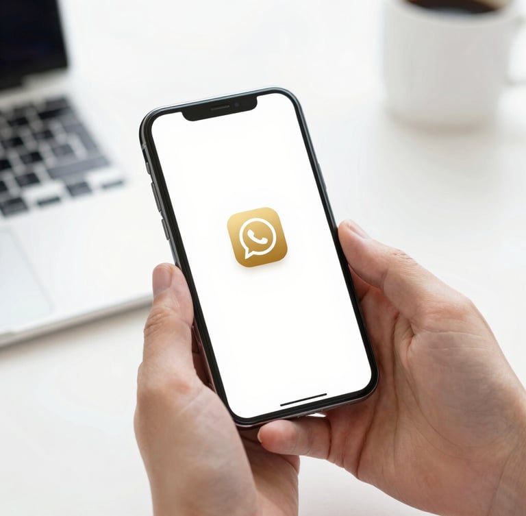 Hands holding a smartphone displaying a clean digital catalog with a prominent gold WhatsApp button, bright studio lighting, sharp focus, 50mm