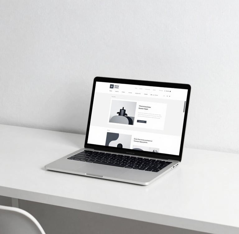 Modern minimalist workspace with a laptop displaying a clean website layout, bright crisp studio light, sharp focus, 50mm